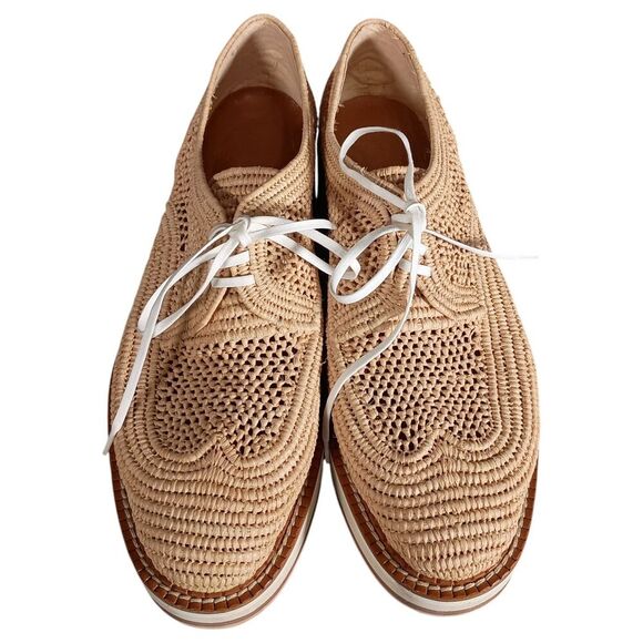 Robert Clergerie Shoes 10.5 Womens Beige Lisa Raffia Oxford Wedge Almond Toe Low - Picture 7 of 9